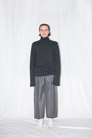 Shop Emerging Slow Fashion Genderless Brand Ludus Post-Gender AW22 Collection Dark Grey Unisex High-neck Stretch Wool Jersey Top at Erebus