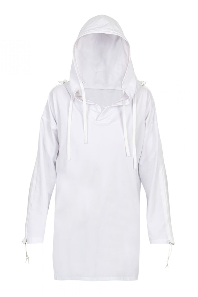 Shop Emerging Unisex Street Brand Monochrome White Cotton Jersey Hooded Kimono Shirt at Erebus