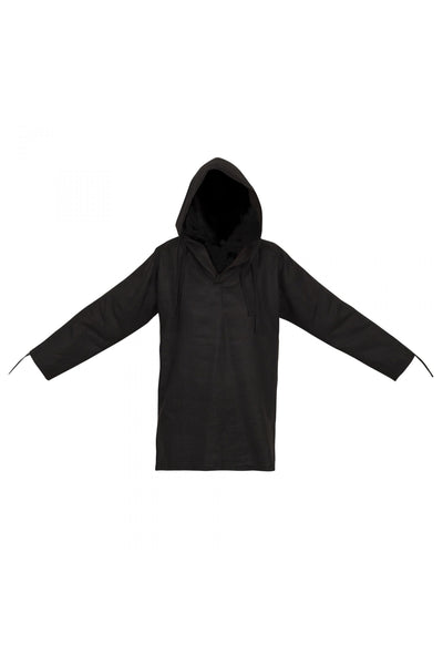 Shop Emerging Unisex Street Brand Monochrome Black Organic Linen Hooded Kimono Shirt at Erebus