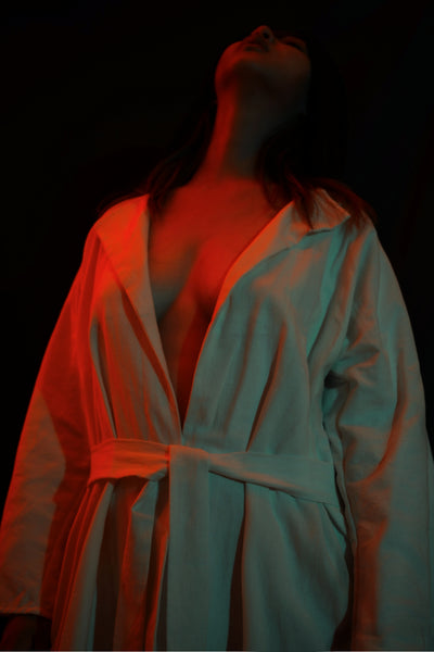 Shop emerging dark alternative conscious fashion genderless brand Anoir by Amal Kiran Jana White Khadi Cotton and Red Silk Mystic Kimono Jacket at Erebus