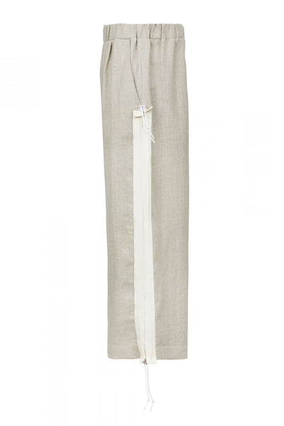 Shop Emerging Unisex Street Brand Monochrome Beige Organic Linen Tape Trousers at Erebus