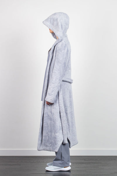Shop Emerging Unisex Street Brand Monochrome AW21 Grey Hooded Kimono Terry Dressing Gown at Erebus