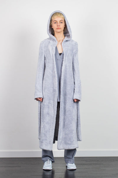 Shop Emerging Unisex Street Brand Monochrome AW21 Grey Hooded Kimono Terry Dressing Gown at Erebus