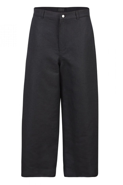 Shop Emerging Unisex Street Brand Monochrome Black Organic Linen Round Trousers at Erebus