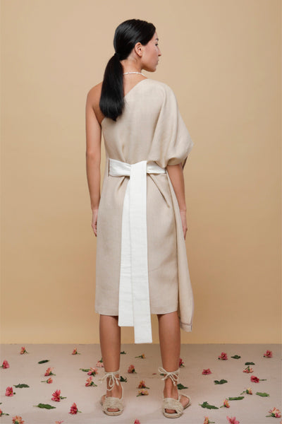 Shop Emerging Slow Fashion Conscious Conceptual Brand Cora Bellotto Sand Linen One Shoulder Prayer Dress at Erebus