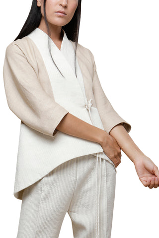 Shop Emerging Slow Fashion Conscious Conceptual Brand Cora Bellotto Sand Linen and Ivory Cotton Prayer Kimono Jacket at Erebus