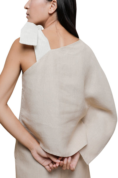 Shop Emerging Slow Fashion Conscious Conceptual Brand Cora Bellotto Sand Linen and Ivory Cotton One Shoulder Prayer Top at Erebus