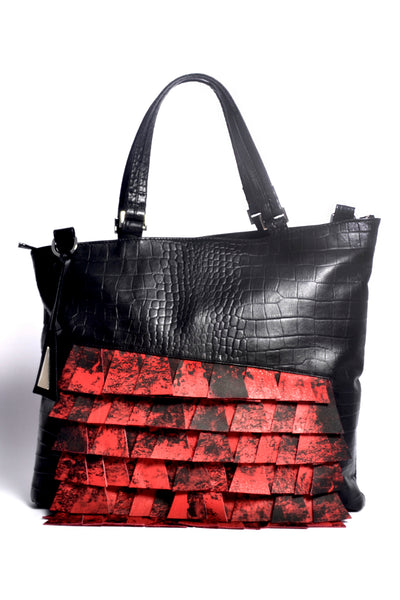Shop Emerging Slow Fashion Accessory Brand Anoir by Amal Kiran Jana Black Croc and Red Cut Leather Asymmetric Tote at Erebus
