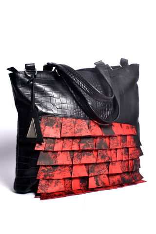 Shop Emerging Slow Fashion Accessory Brand Anoir by Amal Kiran Jana Black Croc and Red Cut Leather Asymmetric Tote at Erebus
