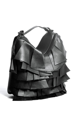 Shop Emerging Slow Fashion Accessory Brand Anoir by Amal Kiran Jana Black Leather Descending Cut Transformable Bag at Erebus