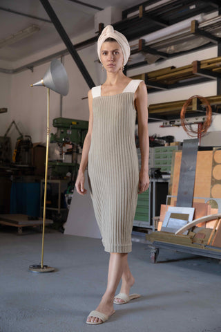Shop Emerging Slow Fashion Conscious Conceptual Brand Cora Bellotto Ribbed Knit Organic Cotton Dusty Sage Stone Dress at Erebus