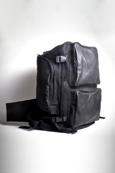 Shop emerging dark conscious fashion accessory brand Anoir by Amal Kiran Jana Black Leather Travel Backpack at Erebus